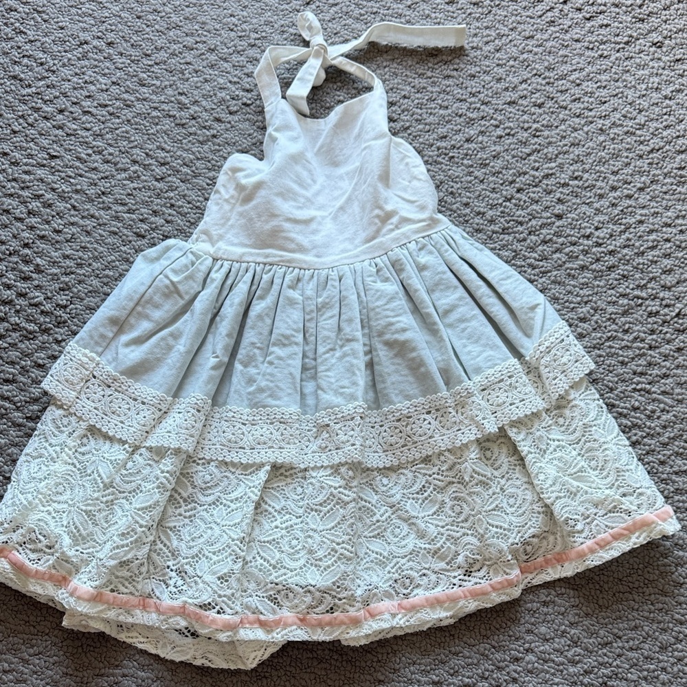 Girls Light Blue Halter Lace-Trim Party Dress with Pink Accent